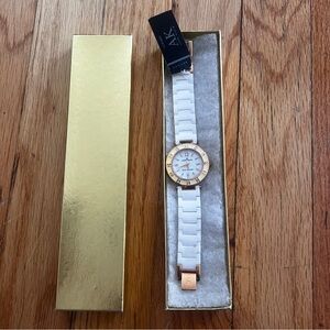 Anne Klein Gold Tone White Ceramic Band Crystal Accent Watch